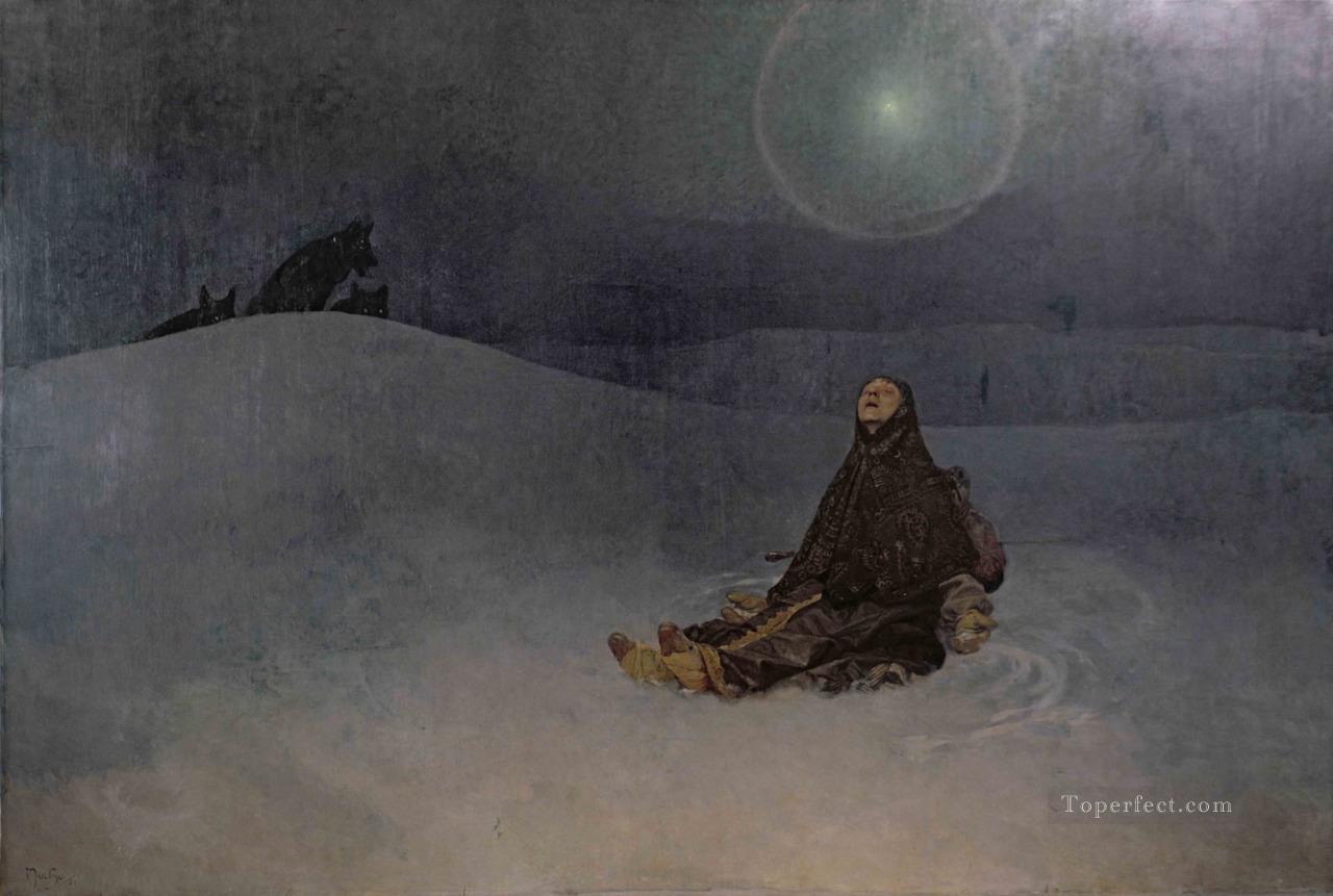 スター 1923年 冬の夜 野生の女 オオカミ アルフォンス・ミュシャ油絵